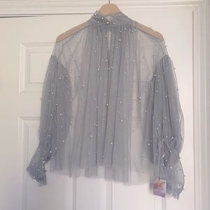 Chicwish Surely Sweet Pearls Mesh Top Grey